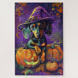 Puzzle Éffrayant Dachshund Chien Halloween sorcière et Ci