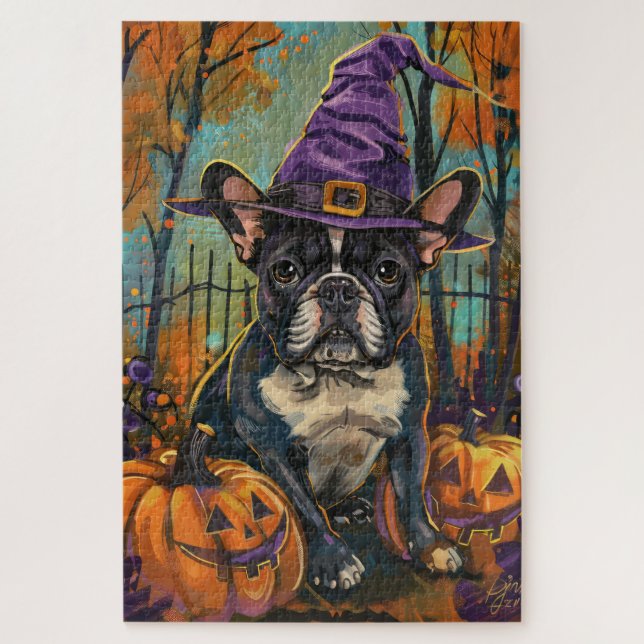 Puzzle Éffrayant Français Bulldog Halloween sorcière et C (Vertical)