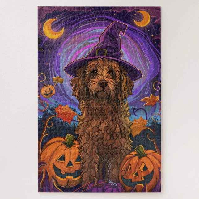 Puzzle Éffrayant Goldendoodle Chien Halloween Citrouille  (Vertical)