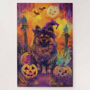Puzzle Éffrayant Keeshond Chien Halloween sorcière et Cit