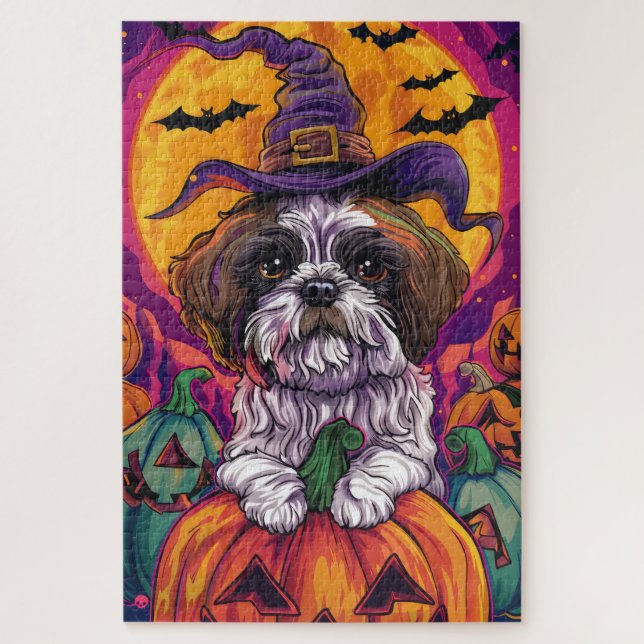 Puzzle Éffrayant Malti Tzu Chien Halloween Sorcière Et Ci (Vertical)