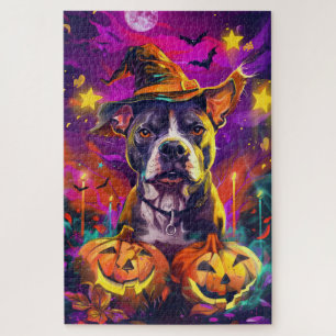 Puzzle Éffrayant Pitbull Chien Halloween sorcière et Citr