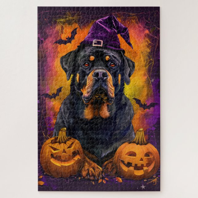 Puzzle Éffrayant Rottweiler Chien Halloween sorcière et C (Vertical)