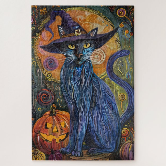 Puzzle Éffrayant Russe Bleu Chat Halloween Citrouille sor (Vertical)