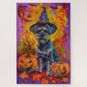 Puzzle Éffrayant Schnauzer Chien Halloween sorcière et Ci