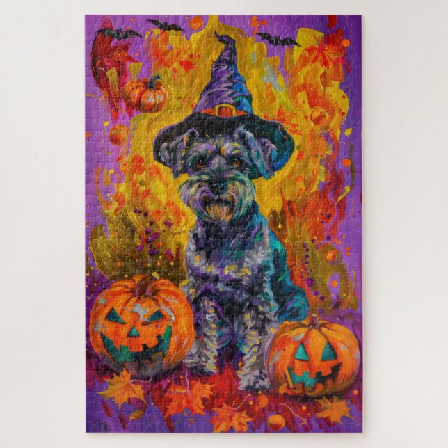 Puzzle Éffrayant Schnauzer Chien Halloween sorcière et Ci (Vertical)