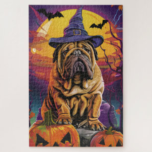 Puzzle Éffrayant Shar Pei Chien Halloween sorcière et Cit