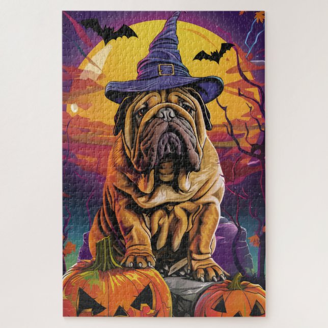 Puzzle Éffrayant Shar Pei Chien Halloween sorcière et Cit (Vertical)