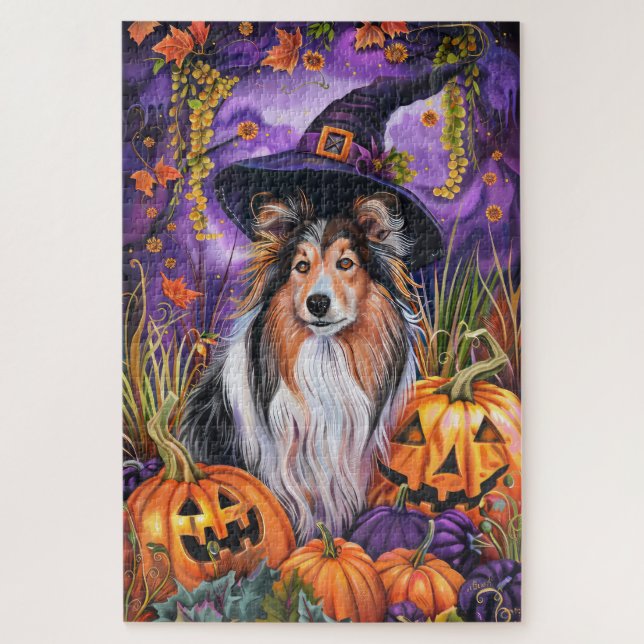 Puzzle Éffrayant Shetland Sheepdog Citrouille de sorcière (Vertical)