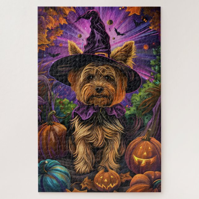 Puzzle Éffrayant Yorkipoo Chien Halloween sorcière et Cit (Vertical)