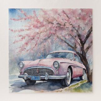 Puzzle Élégance rose : Vielle voiture en aquarelle