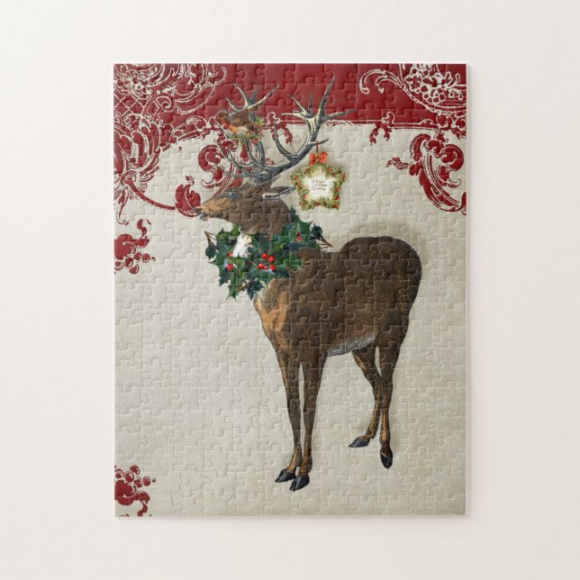 Puzzle Élégance vintage Noël Cerf Antlers Damask (Vertical)