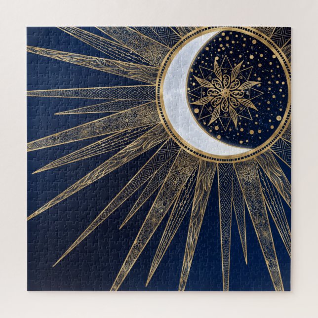 Puzzle Elégant Blue Gold Sun Moon Mandala (Vertical)