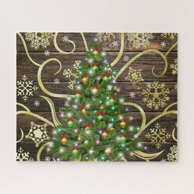 Puzzle Elegant Christmas Tree Barn Wood Gold Design (Horizontal)