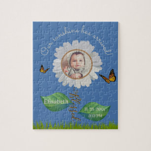 Puzzle Elegant Daisy Blue Floral Cute Baby Photo & Name