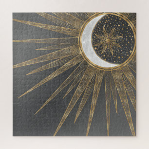 Puzzle Elegant Gold Doodles Sun Moon Mandala Design