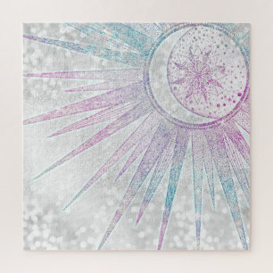 Puzzle Elegant Iridescent Sun Moon Mandala Silver Design