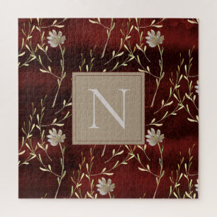 Puzzle Élégant Monogramme Bourgogne Marsala Floral