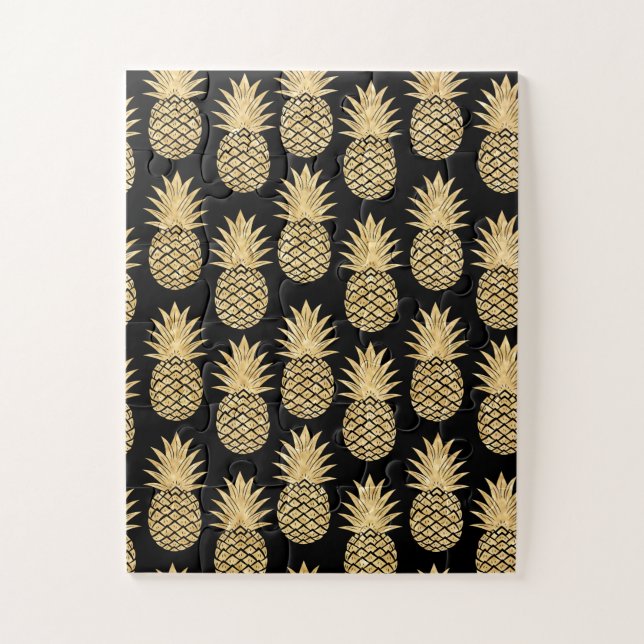 Puzzle Élégant Motif Tropical Noir et Or Ananas (Vertical)