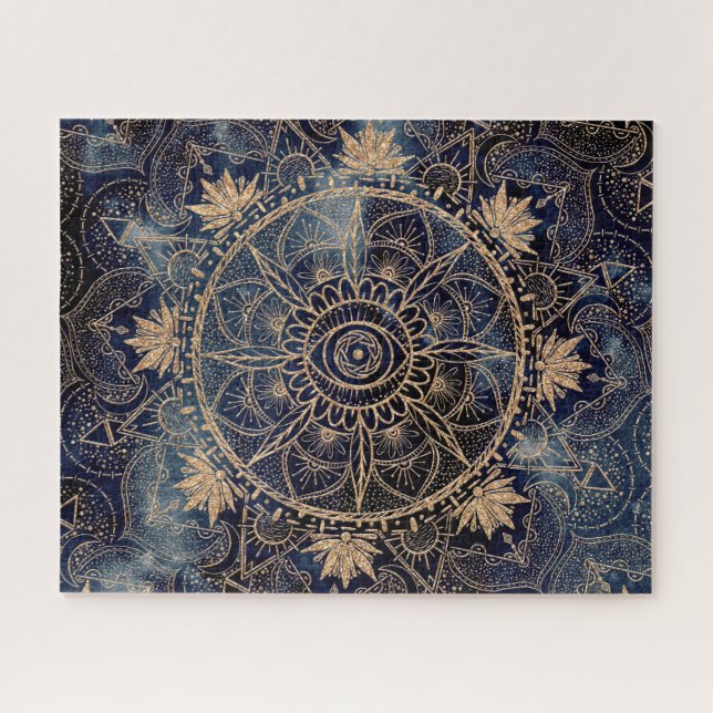 Puzzle Elégant or Mandala Oeil Soleil Lune Marine Bleu (Horizontal)