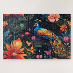 Puzzle Elégant Peacock Bleu et Or dans Jardin coloré