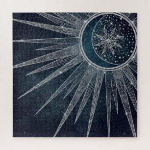 Puzzle Elégant Silver Sun Moon Doodle Mandala Blue Design