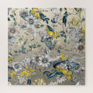 Puzzle Élégant Vintage moderne gris or jaune floral
