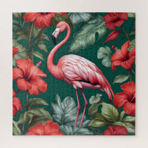 Puzzle Elégante Flamant rose Hibiscus Fleurs Emerald Gree