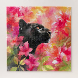 Puzzle Élégante panthère noire florale sauvage florissant