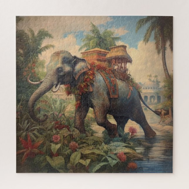 Puzzle éléphant botanique vintage avec howdah (Vertical)