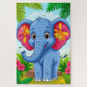 Puzzle Éléphant de dessin animé bleu vibrant dans la jung