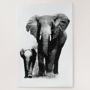 Puzzle Eléphant et bébé noir et blanc - Animaux Art
