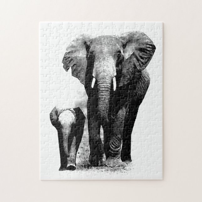 Puzzle Eléphant et bébé noir et blanc - Animaux Art (Vertical)