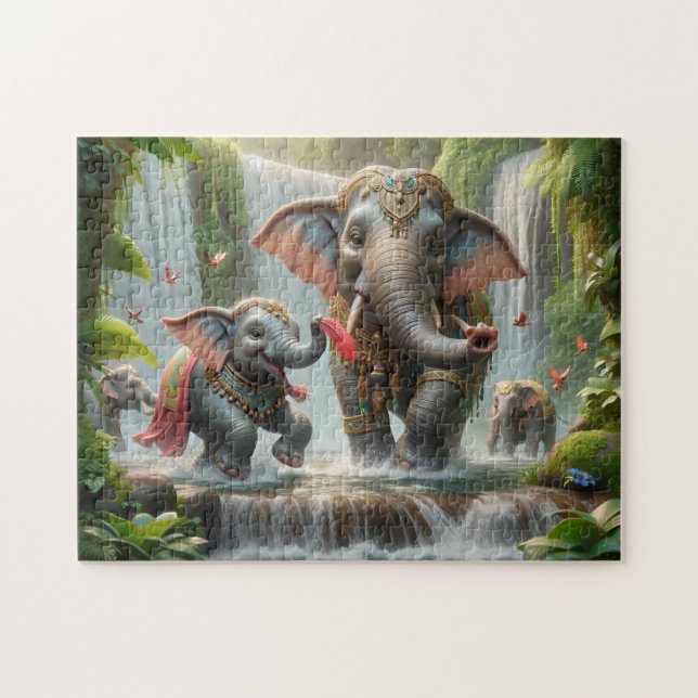 Puzzle Elephant Family Jungle Waterfall Happy Time (Horizontal)