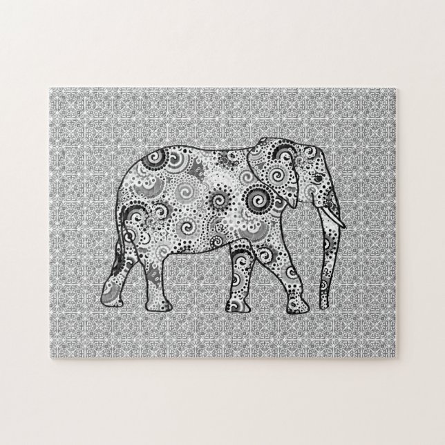 Puzzle Eléphant fractal, gris, noir et blanc (Horizontal)