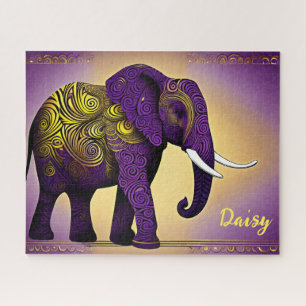 Puzzle Eléphant mauve majestueux avec perruques d'or