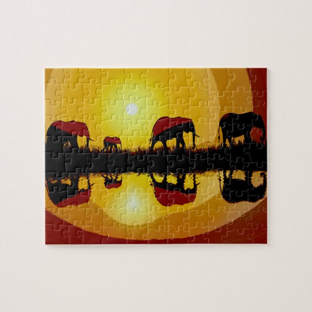 Puzzle Eléphants africains couchés de soleil (Horizontal)