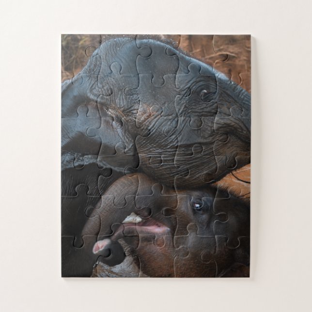 Puzzle Eléphants bébés dans l'eau souriant (Vertical)