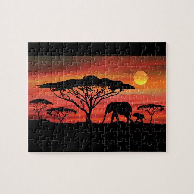 Puzzle éléphants dans le coucher du soleil du Serengeti (Horizontal)