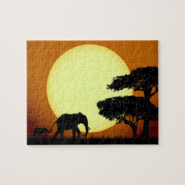 Puzzle Éléphants de safari au coucher du soleil (Horizontal)