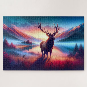 Puzzle Elk au lever du soleil, Montagnes, Faune