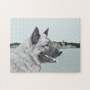 Puzzle Elkhound norvégien à la peinture de village - Chie