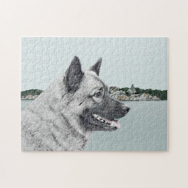 Puzzle Elkhound norvégien à la peinture de village - Chie (Horizontal)