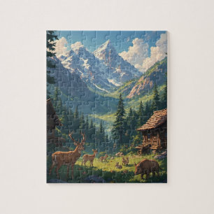Puzzle en bois de paysage de cerfs de chalet de la