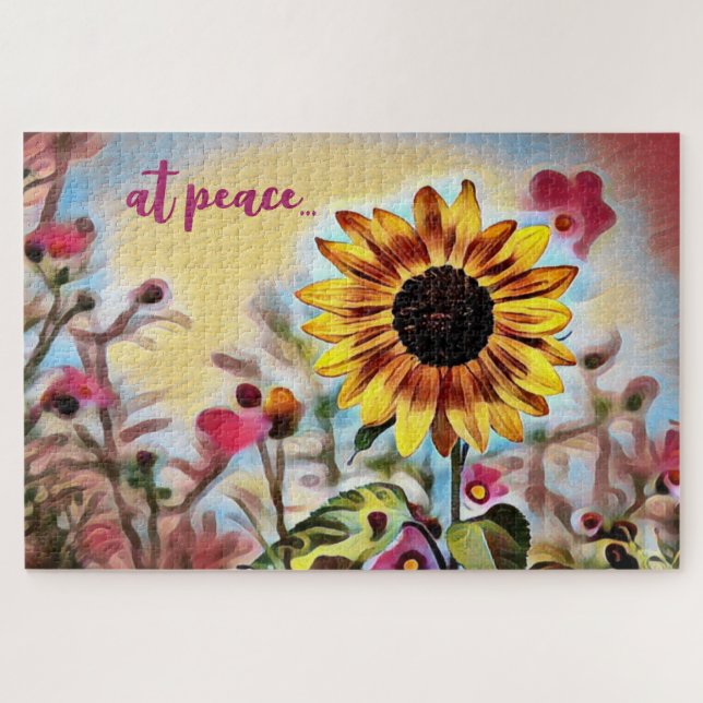 Puzzle en paix Joli tournesol jaune et fleurs roses (Horizontal)