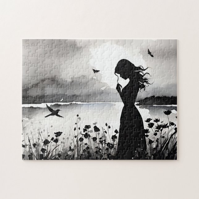 Puzzle Enchanted Daydream : Black & White Thinking Woman (Horizontal)