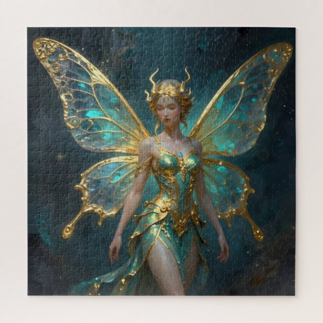 Puzzle Enchanted Fairy in Gold and Turquoise  (Vertical)