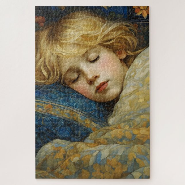 Puzzle Enfant dormant rêvé dans une courtepointe fleurie (Vertical)