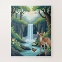 Puzzle Enfant Forêt de Cascade et Cerf Mignon