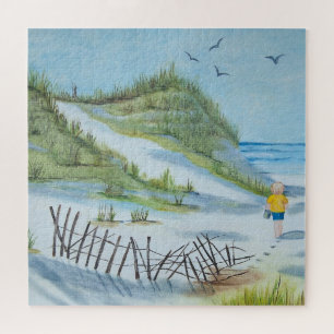Puzzle enfant marchant sur la plage aquarelle peinture